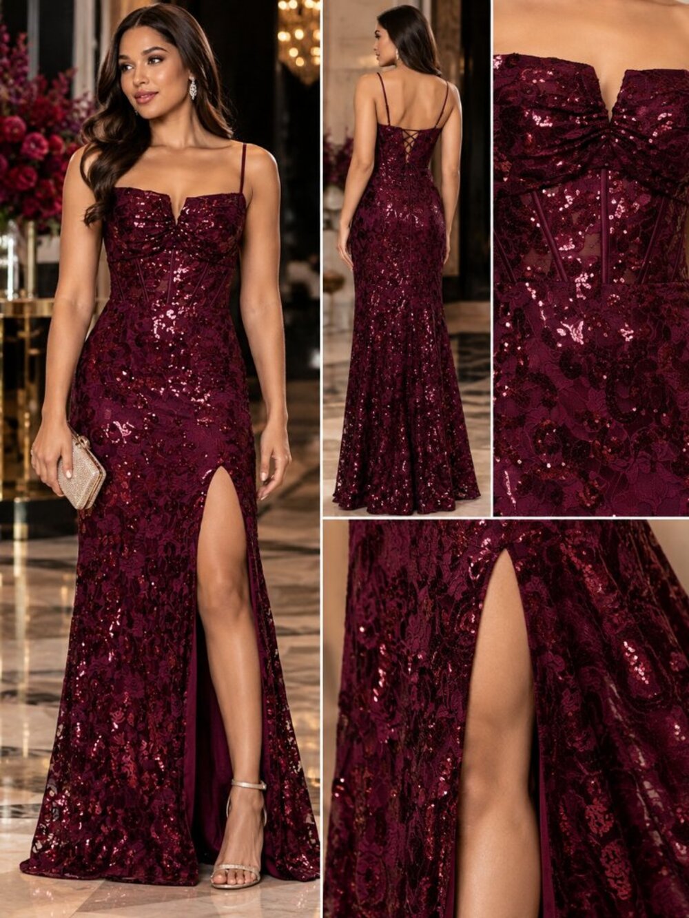 Blondie Nites Wine Sequin Lace Corset Slit Formal Prom Gown Dress Size 11 NWT